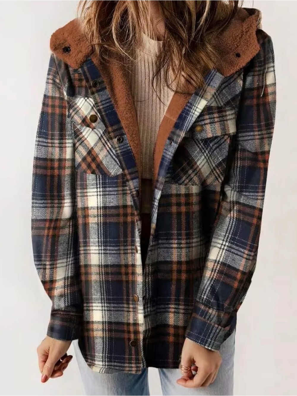 Plaid Sherpa-Lined Flannel Jacket in Navy & Rust